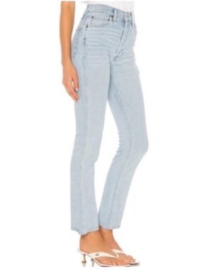 $250 RE/DONE Originals ’80s Slim Straight Jeans Light Wash Raw Hem Size 25